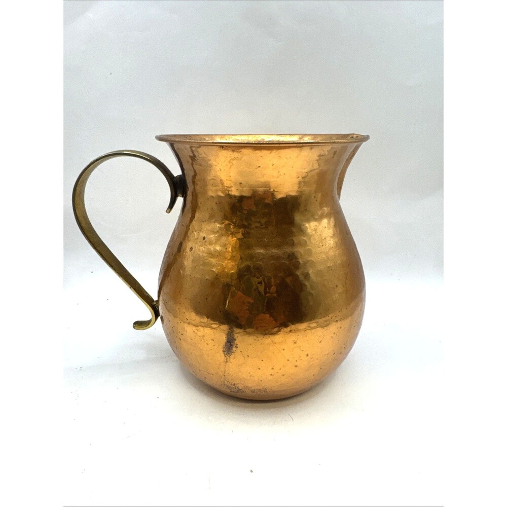 Vintage Hammered Copper Pitcher Vase Brass Handle Rustic Farmhouse Decor